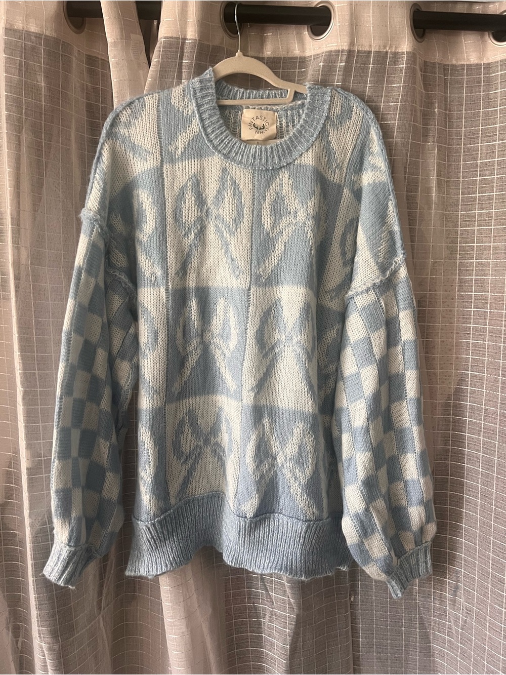 Fantastic Fawn Light Blue and White Patterned Crewneck Sweater